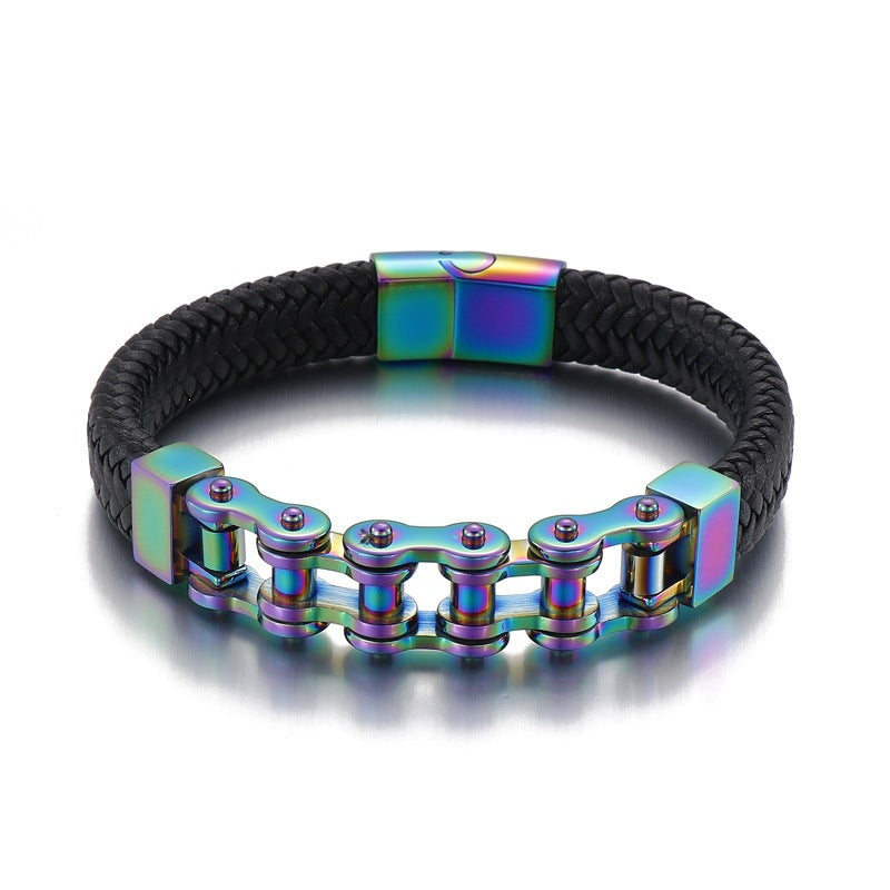 Locomotive Style Woven Leather Rope Men's Bracelet – Man Magnetic Buckle Bicycle Chain