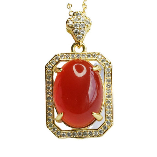 Pigeon Egg Red Agate Rectangle Pendant Zircon Necklace