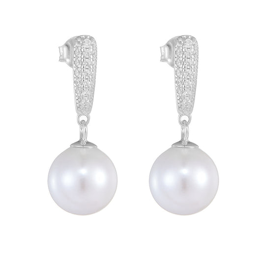 Round Pearl Pendant Zircon Sterling Silver Drop Earrings
