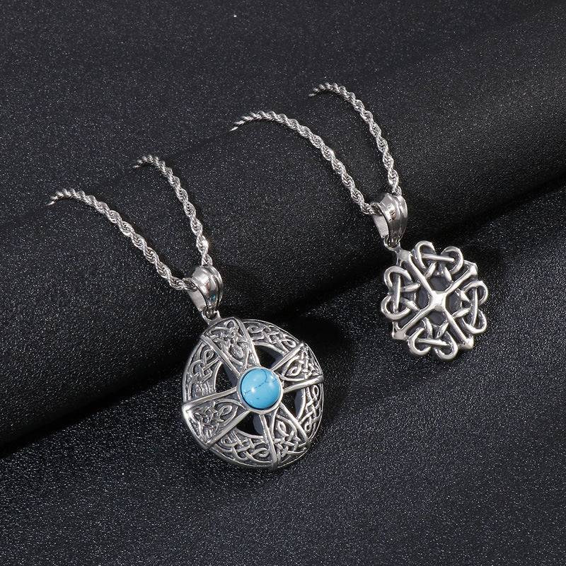 Turquoise Cross Flower Titanium Steel Men's Pendant - Vintage Style Accessory