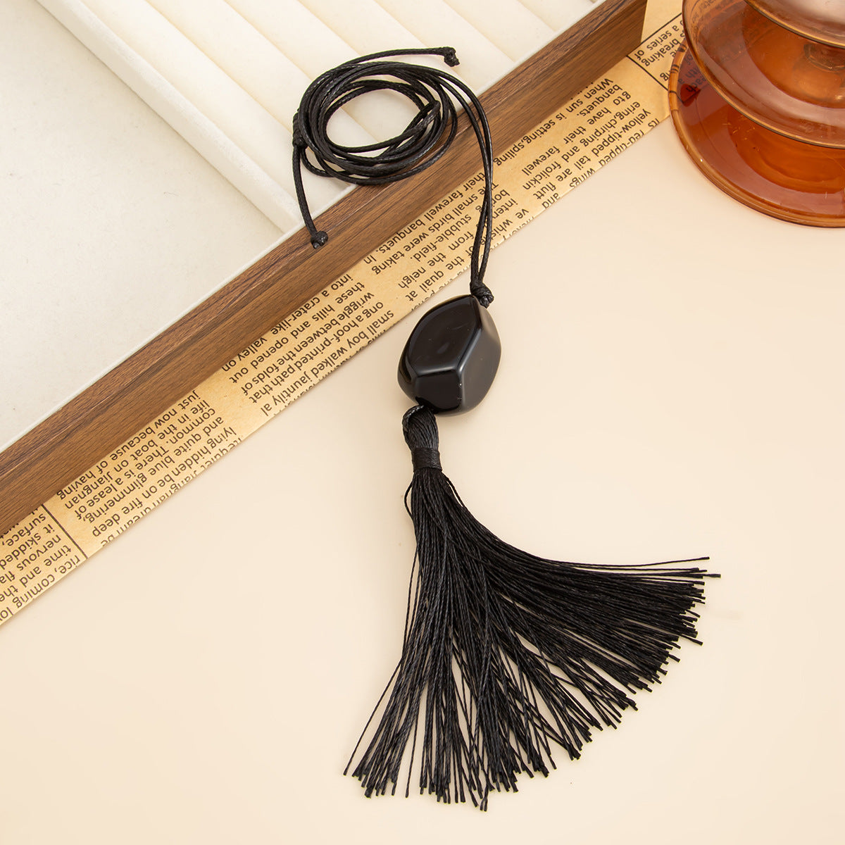 Black Acrylic Bead Tassel Long Necklace