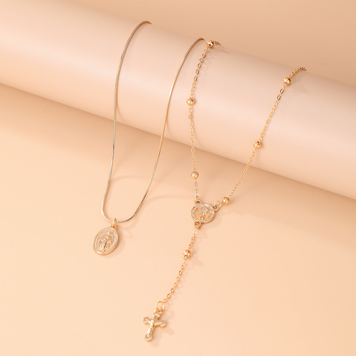 Wind Stacked Cross Fringed Necklace Round Bead Snake Bone Chain Multi-Layer