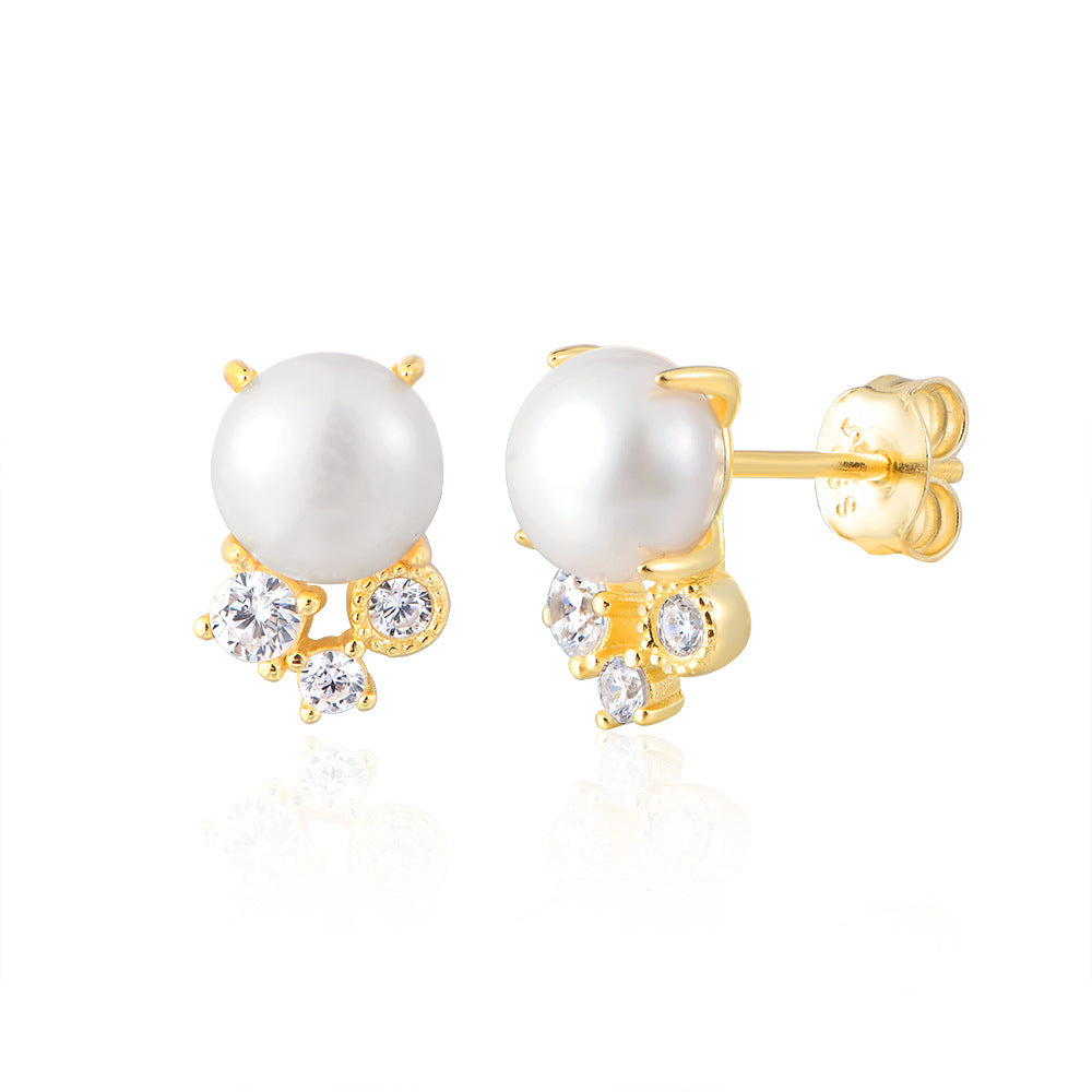 S925 Sterling Silver Natural Freshwater Pearl Stud Earrings Retro Zircon Earrings