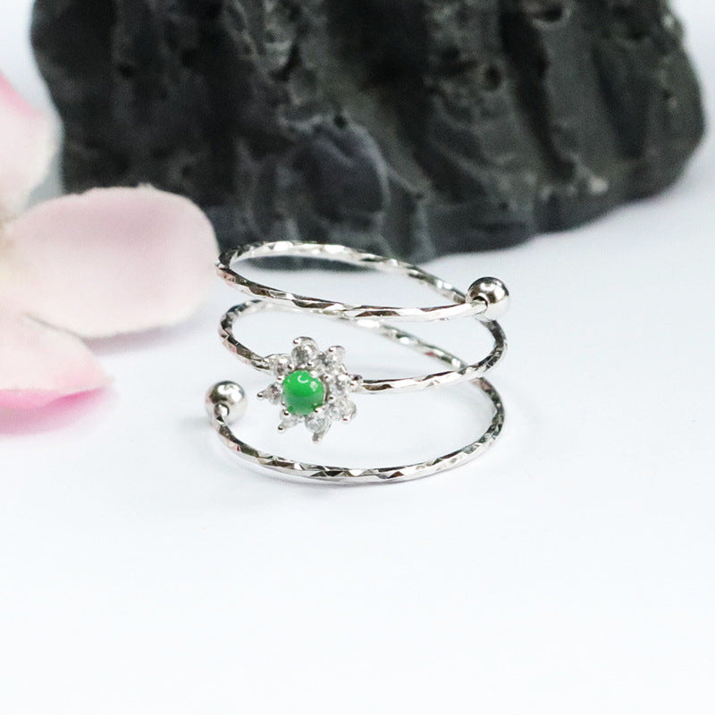 Sterling Silver Adjustable Ice Green Jade Sun Ring
