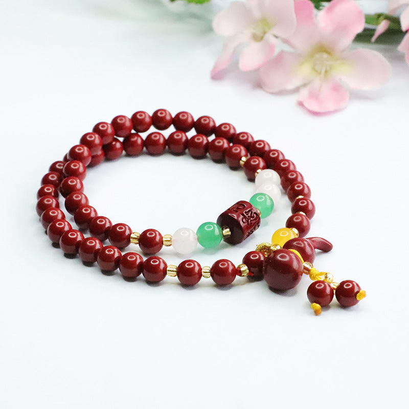 Cinnabar Sterling Silver Hand Bracelet with Multiple Circles and Scripture Bead Gourd