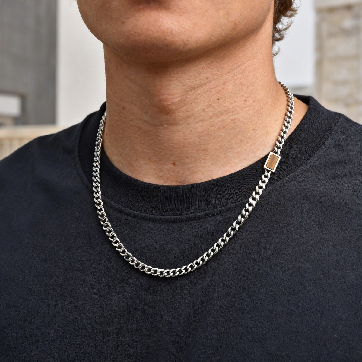 Stainless Steel Grinding Chain Square Tiger's Eye Stone Shape Sense Cool Sa Necklace