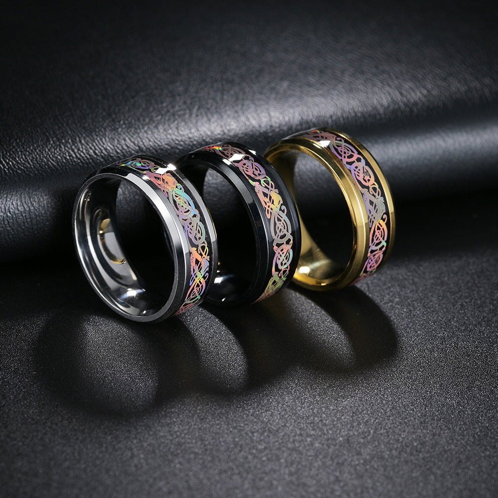 Dragon Pattern Titanium Steel Ring - Colorful Mythical Men's Jewelry