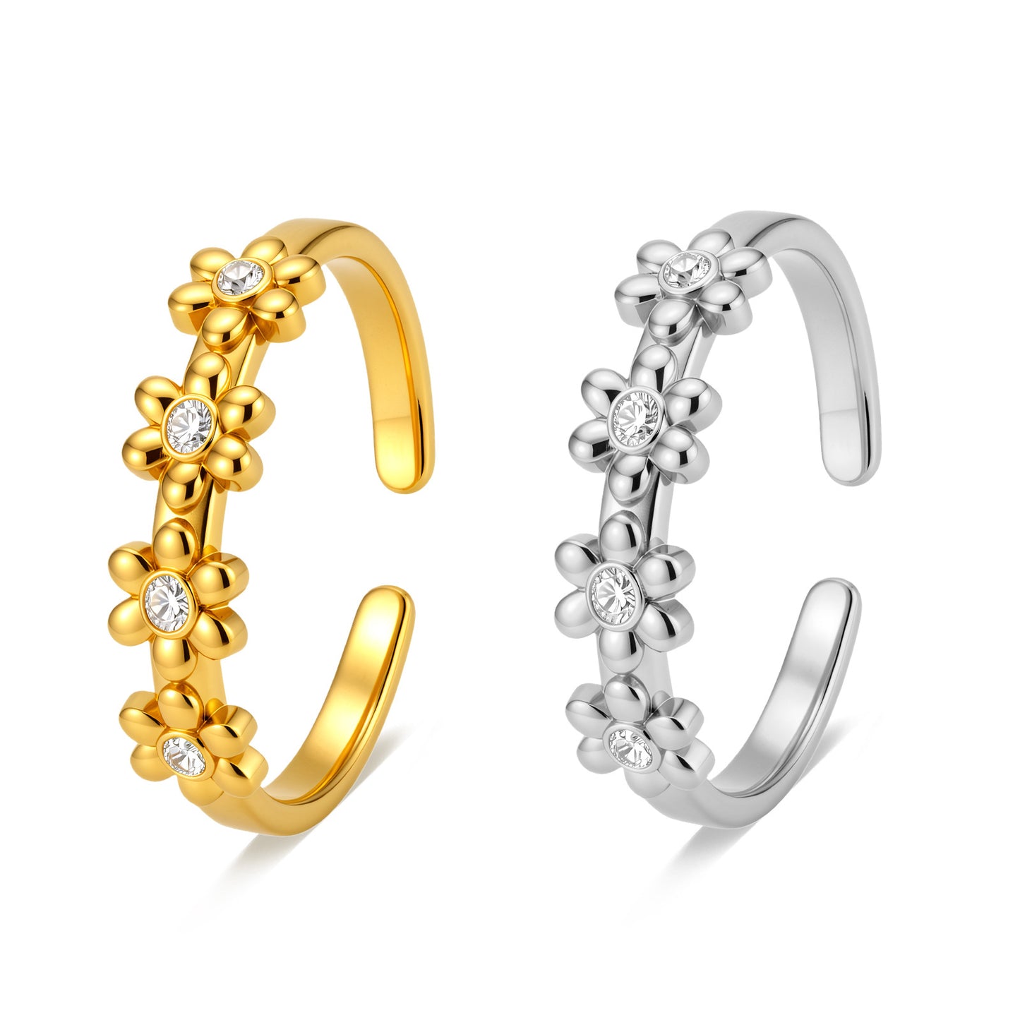 Planderful Zircon Flower Stainless Steel Ring Adjustable Opening For Women And Teens Everyday Wear