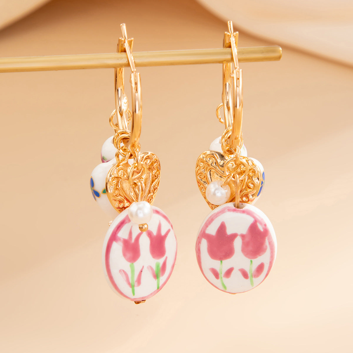 Planderful Pearl Heart Pendant Earrings Vienna Verve For Women Ceramic Flower Design Stunning Statement Jewelry