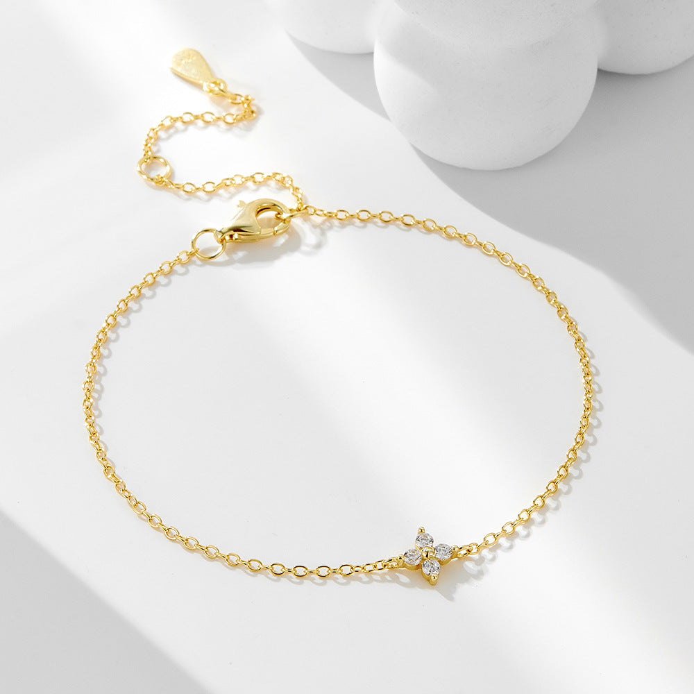 S925 Sterling Silver Four-Leaf Clover Bracelet Zircon Pendant Chain