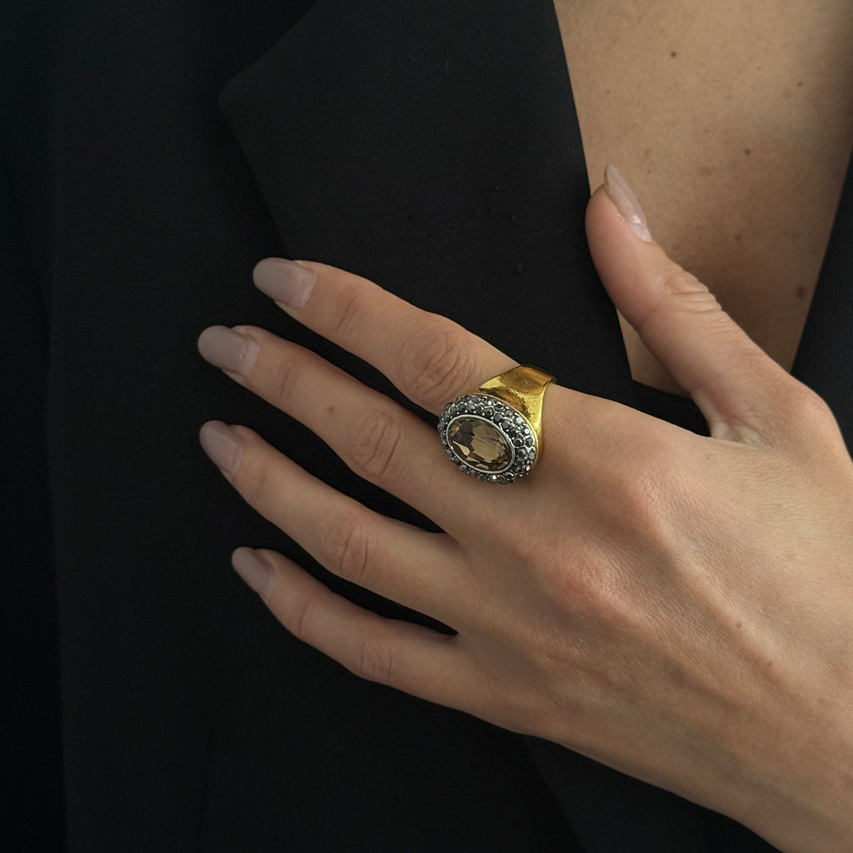 Planderful Vienna Verve Vintage Geometric Inlaid Zircon Open Ring Handcrafted Statement Jewelry For Women
