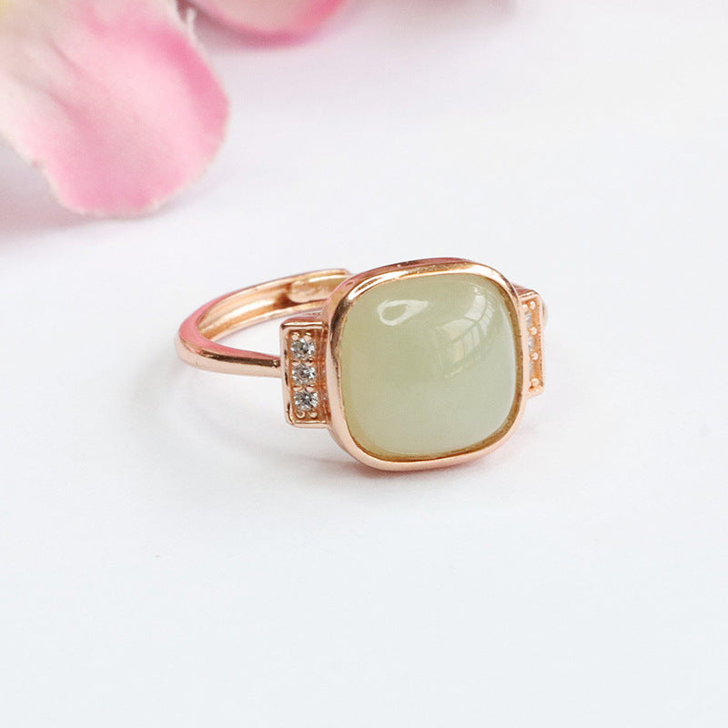 925 Sterling Silver Hetian Jade Square Ring