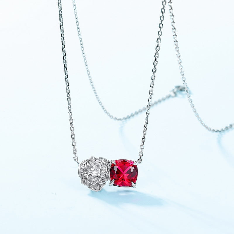 S925 Sterling Silver Lab-Grown Ruby Rose Pendant Necklace