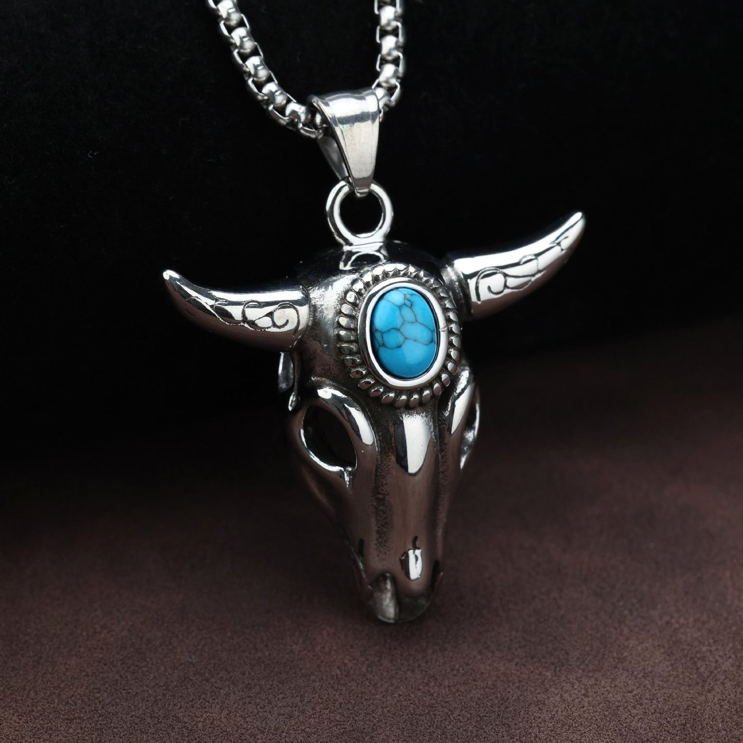 Planderful Ox Head Turquoise Pendant For Men Retro Stainless Steel Zodiac Necklace