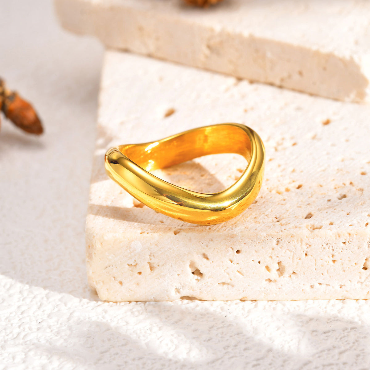 Stylish Stainless Steel Smooth Three-Layer Water Drop Geometric Wave Gold Ring