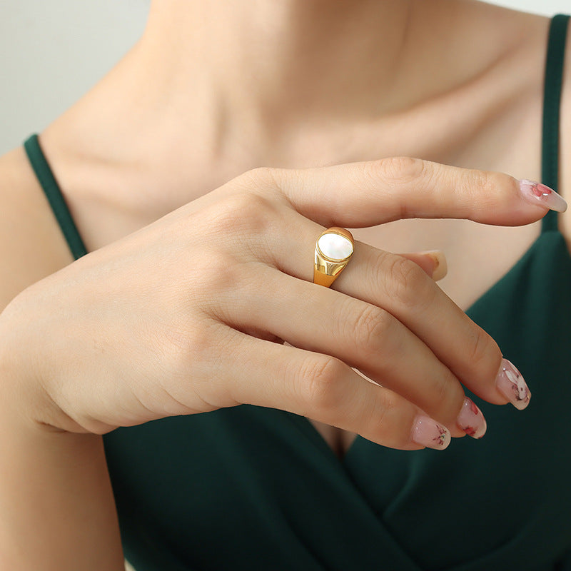French Chic Gold-Plated Sea Shell Ring with Titanium Steel - Size 6-8