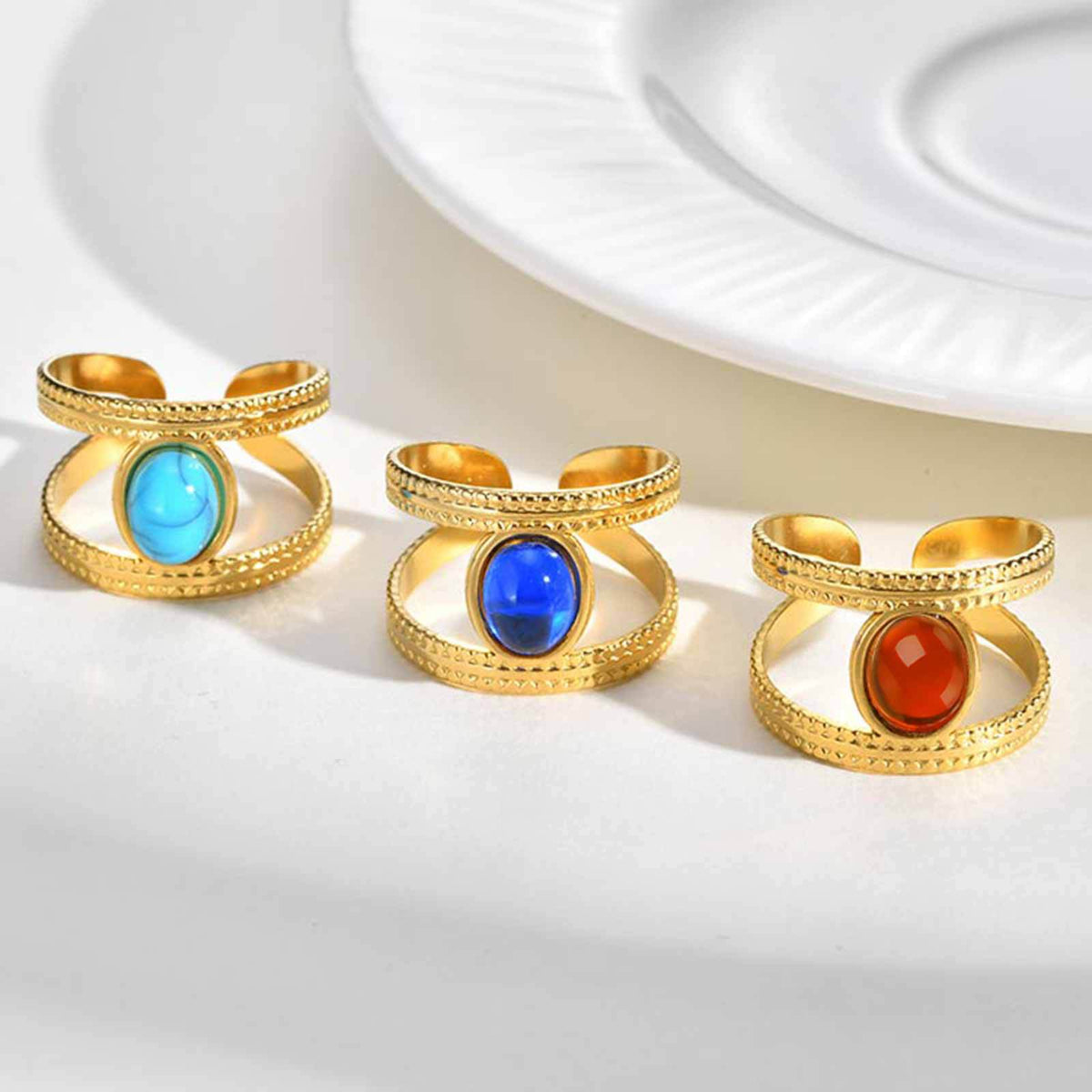 Stainless Steel French Color Amber Stone Double Open Ring