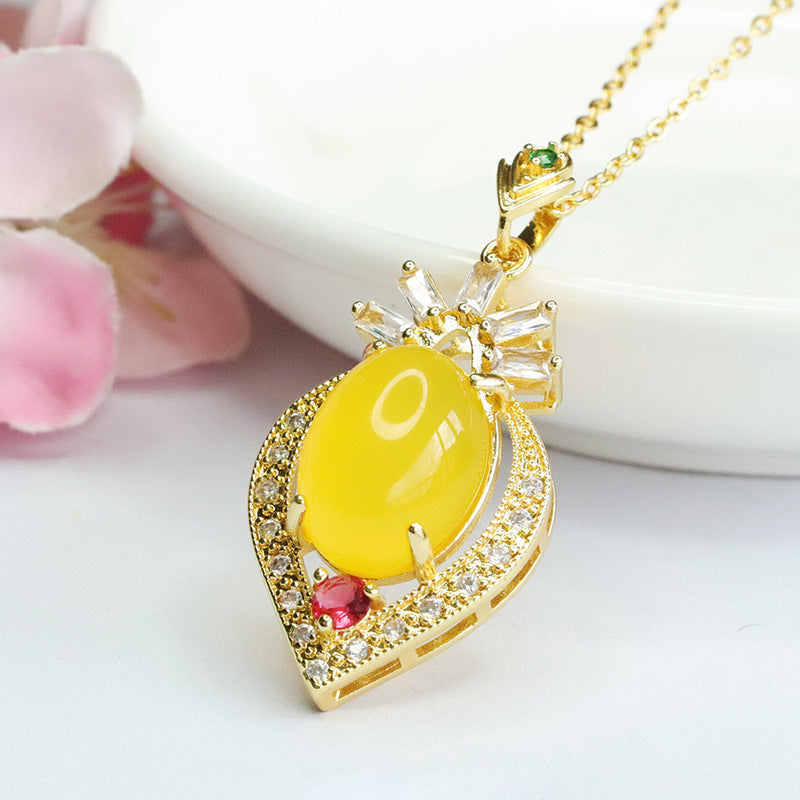 Oval Yellow Chalcedony, Zircon Peach Heart Pendant