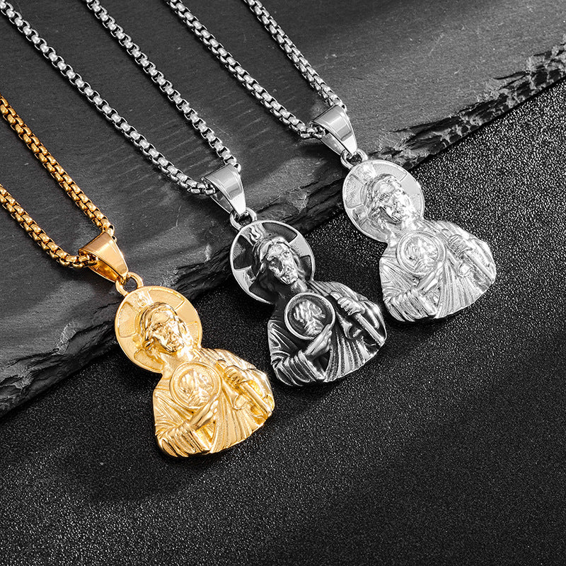 Planderful Everyday Genie St Jude Bust Pendant Stainless Steel Gold Plated For Men Durable Religious Jewelry Gift
