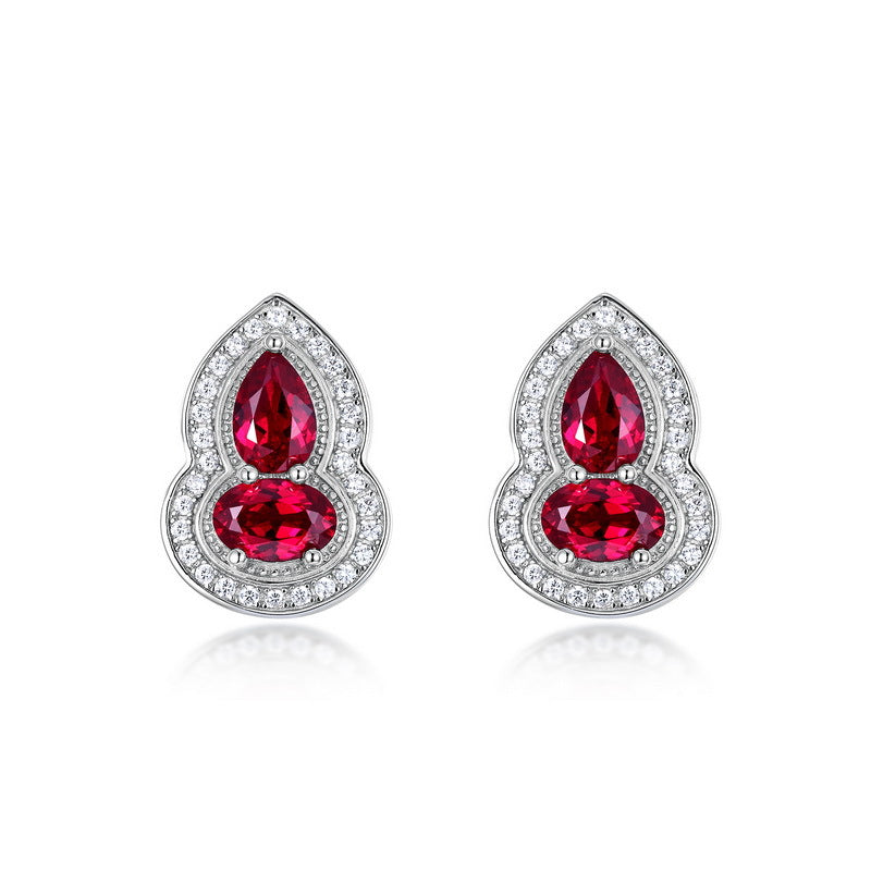 S925 Sterling Silver Lab-Grown Ruby Gourd Stud Earrings