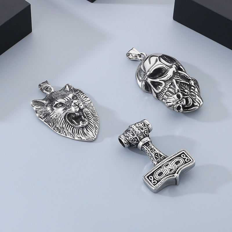 Planderful Thor Hammer Pendant Titanium Wolf Head Bold Men