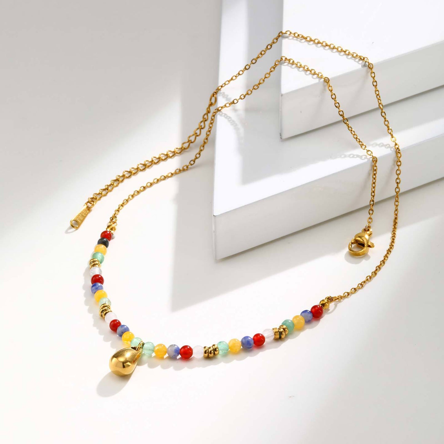 Stainless Steel Colored Natural Stone Bead Cross Cherry Teardrop Heart-Shaped Necklace