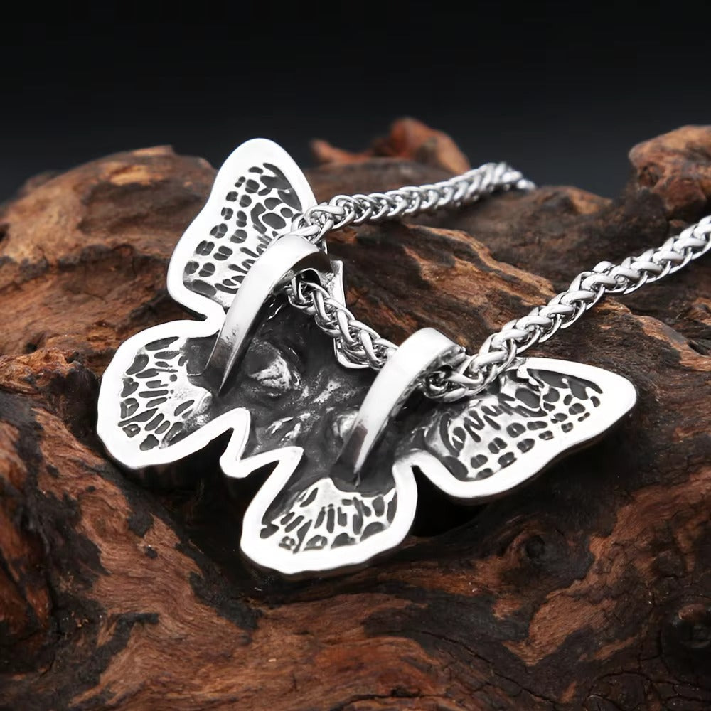 Vintage Skull Butterfly Stainless Steel Men's Pendant Necklace