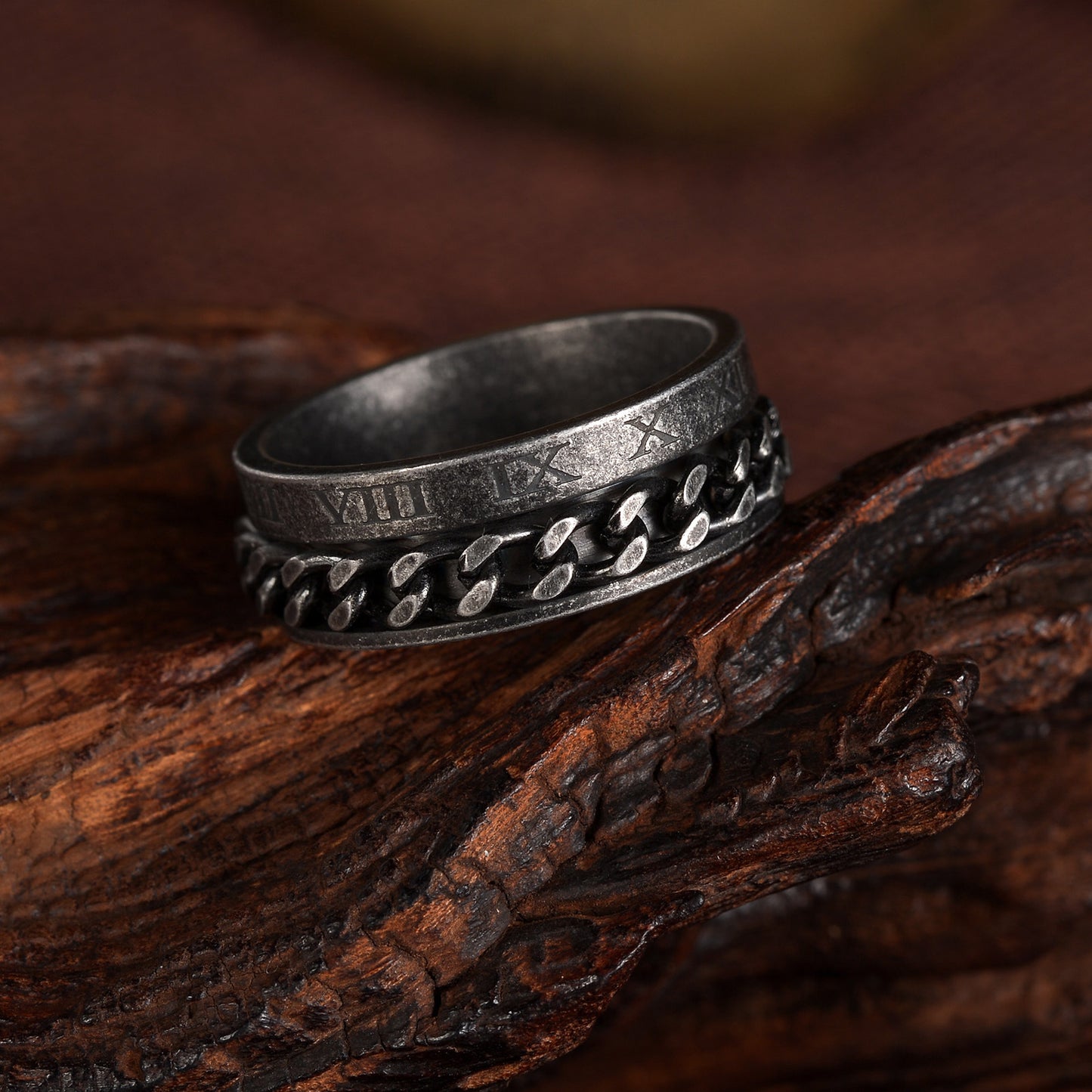 Rotating Chain Ring Stainless Steel Unisex Roman Numeral Style Planderful Collection