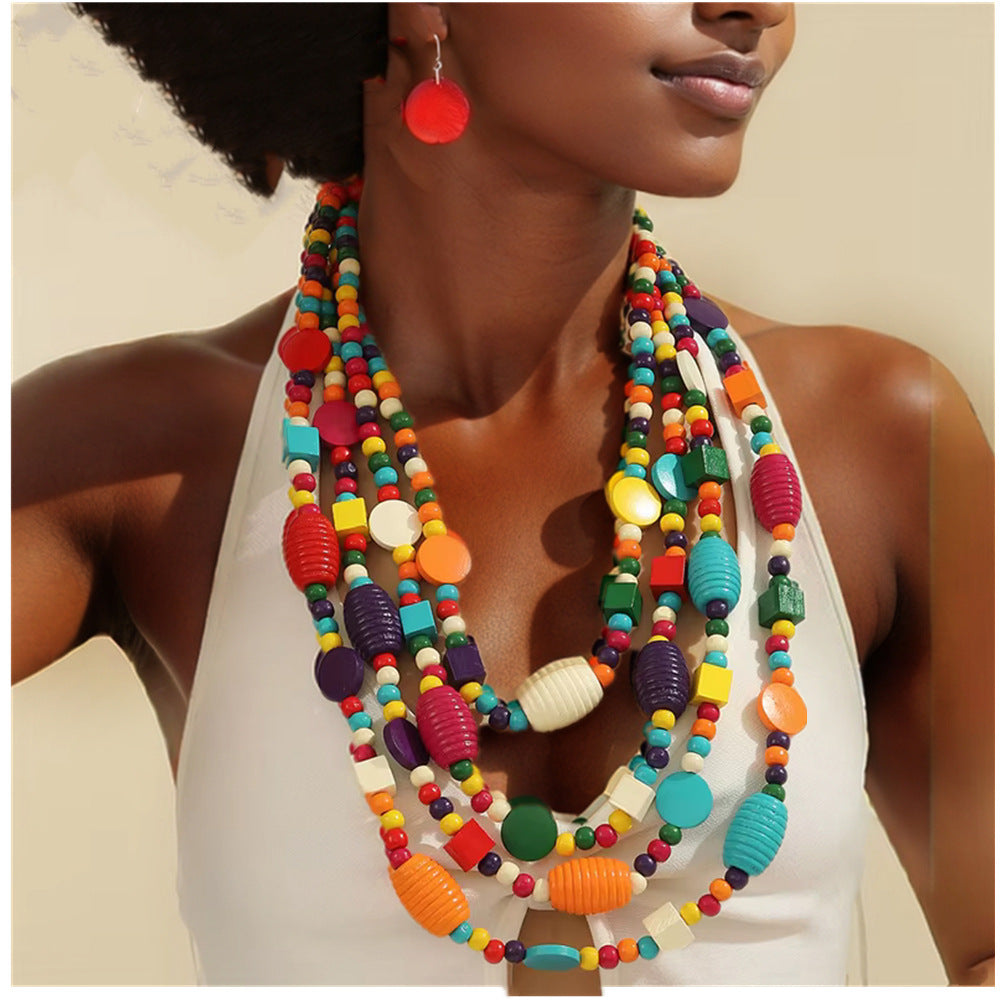 Planderful Savanna Rhythms Necklace and Earrings Set – Vibrant Bohemian Style with Multi-Layer Wood Beads