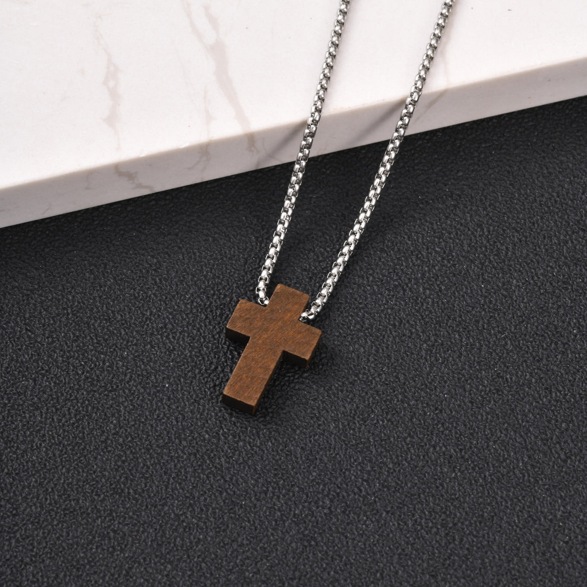 Stainless Steel Unisex Necklace Square Pearl Chain Wood Cross Necklace