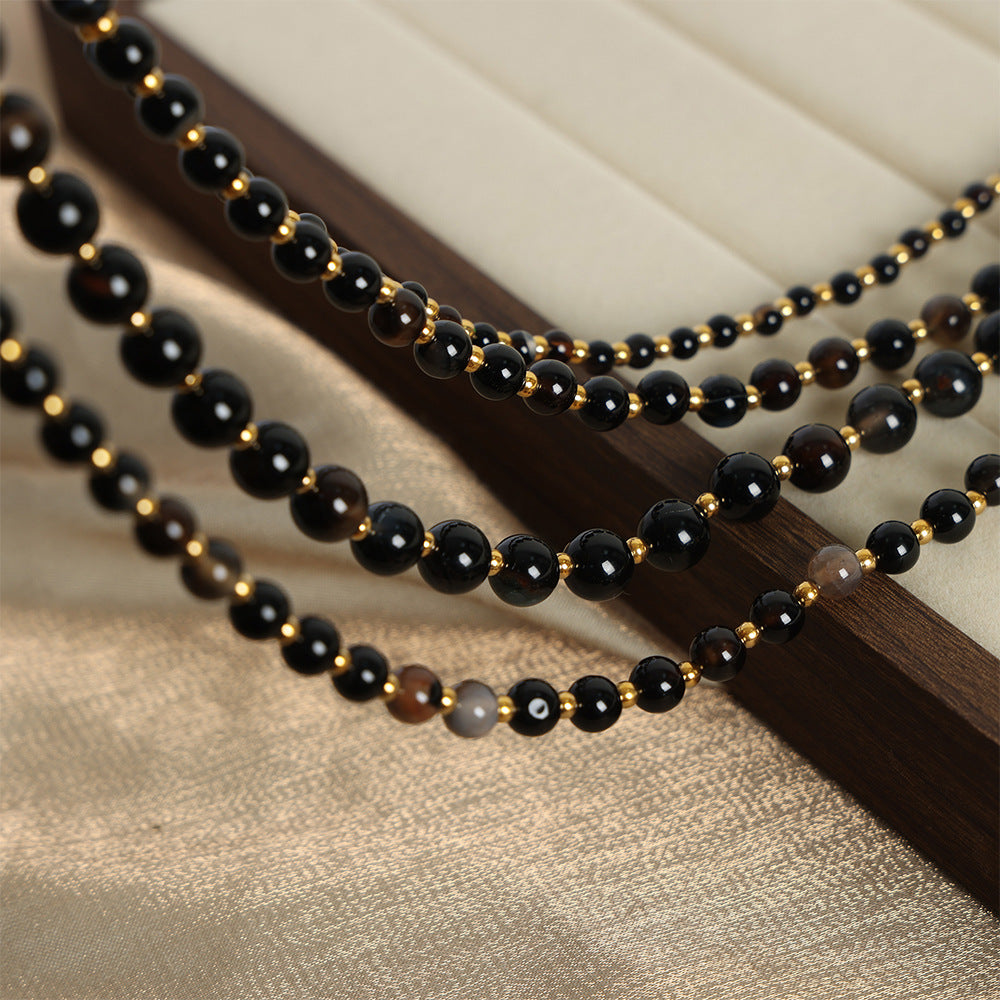 Elegant Black Agate Beaded Necklace with OT Buckle for Women