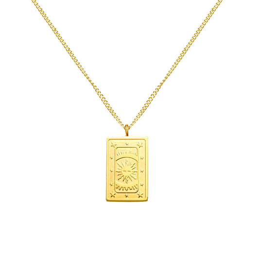 Golden Sunburst Square Pendant Necklace with Bone Chain - European & American Style