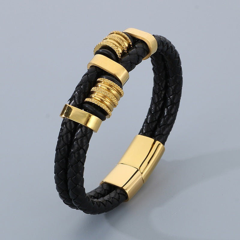 Business Style Double-Strand Woven Leather Rope Bracelet – Punk Stainless Steel Beaded