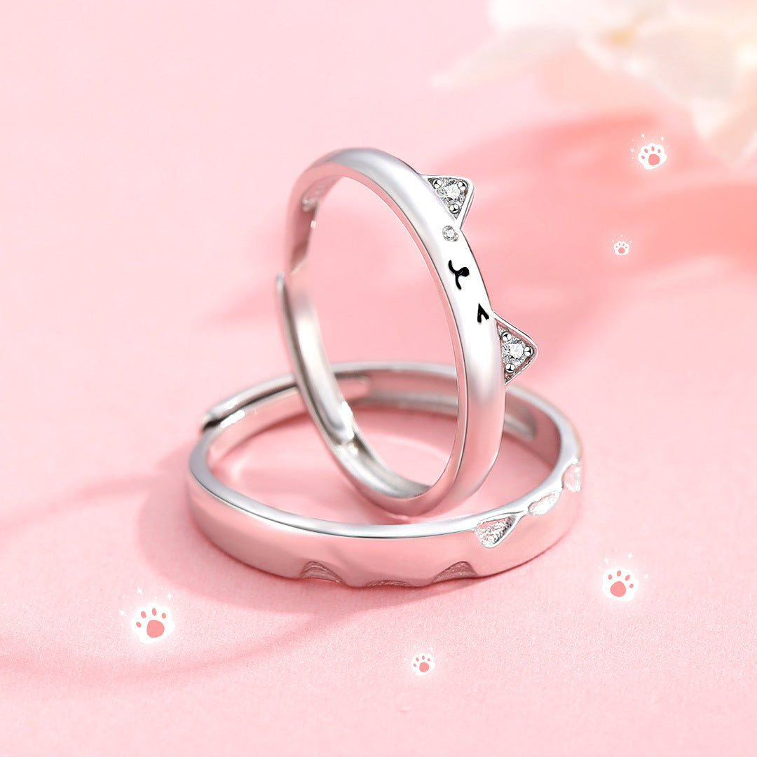 Planderful 925 Sterling Silver Couple Ring Meow Meow Cute Fun Niche Style Adjustable Open Ring For Couples