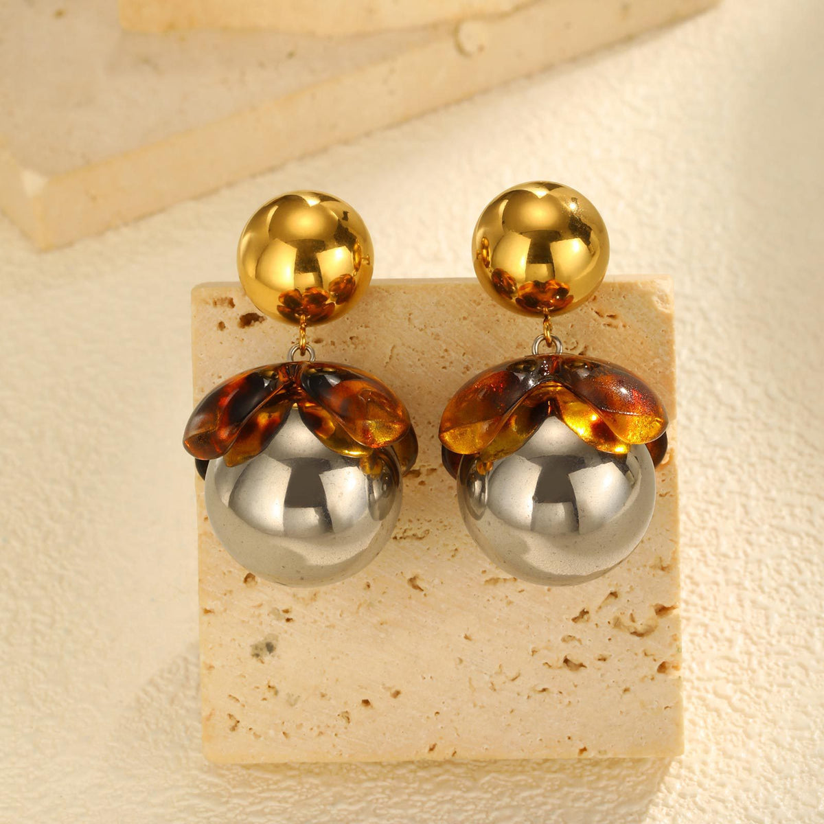 Amber Petal Two-Tone Statement Drop Earrings