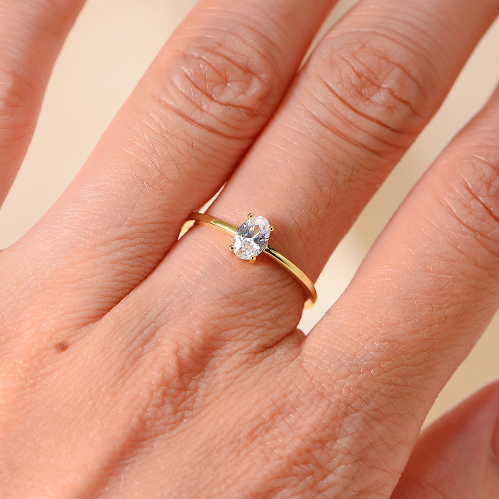 Single Zircon Sterling Silver Ring Geometric Oval Zircon Ring Jewelry