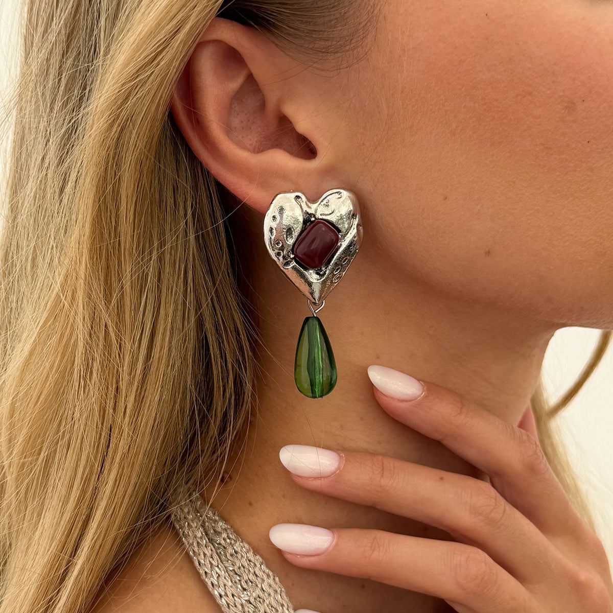 Planderful Medieval Green Water Drop Pendant Earrings Inlaid Peach Heart Gem Vienna Verve For Vintage Jewelry Lovers