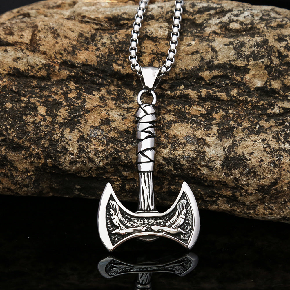 Nordic Viking Raven Axe Titanium Steel Pendant Necklace