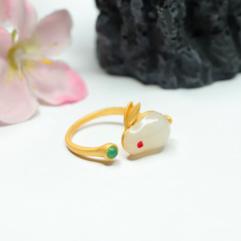 White Hetian Jade Rabbit 925 Silver Ring