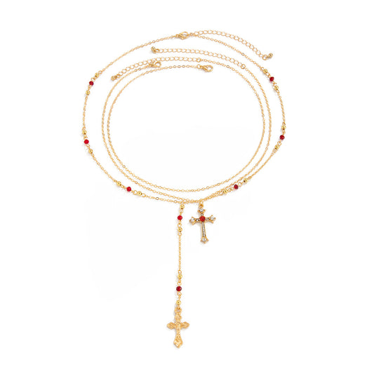 Wind Stacked Cross Fringed Necklace Round Bead Snake Bone Chain Multi-Layer