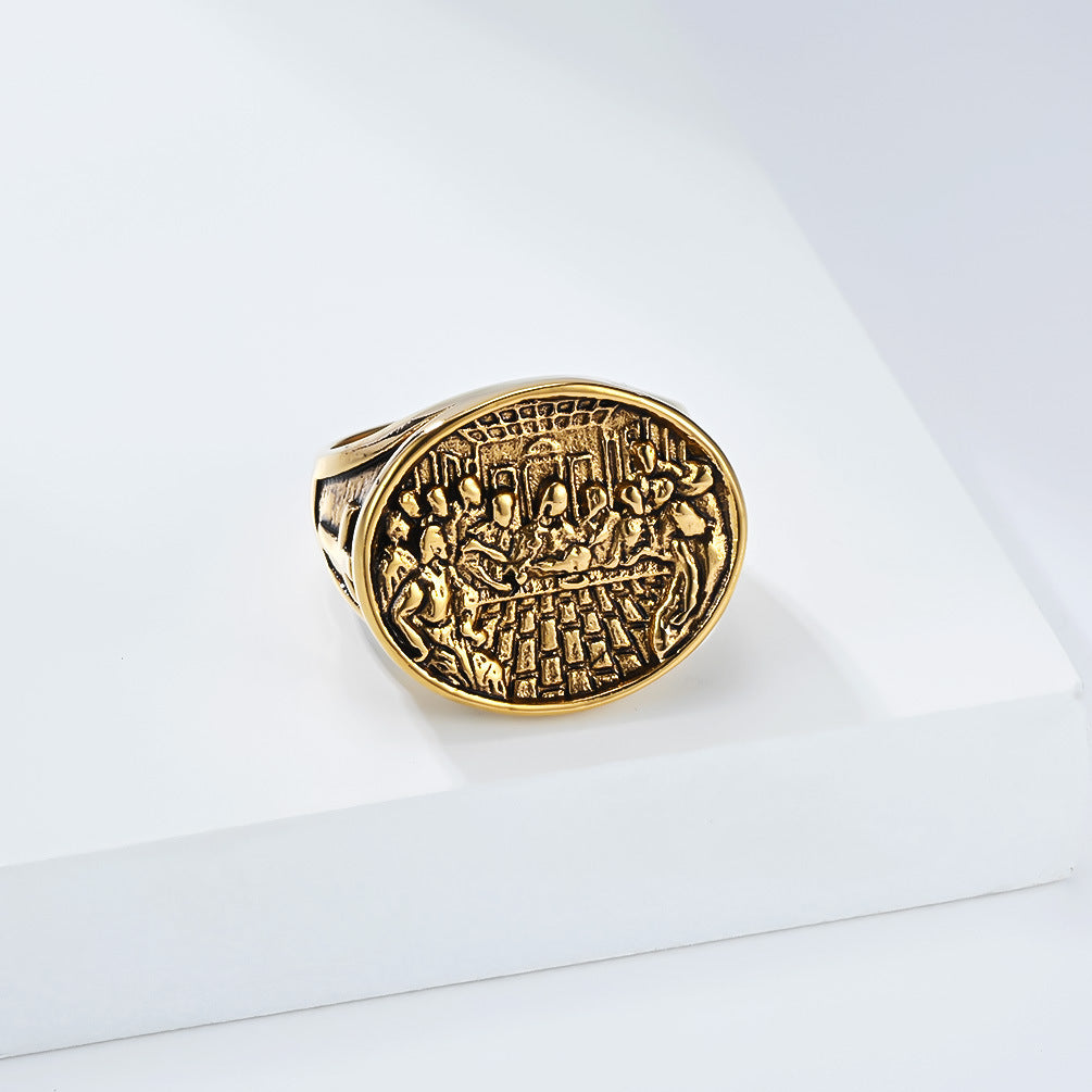 Planderful Last Supper Cross Ring For Men Unisex Stainless Steel Bold Statement Jewelry
