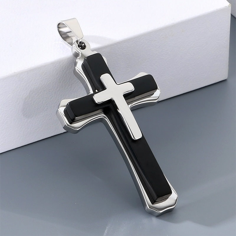 Style Three-Layer Three-Dimensional Cross Pendant, Titanium Steel Black Steel Contrasting Color Necklace, Men's