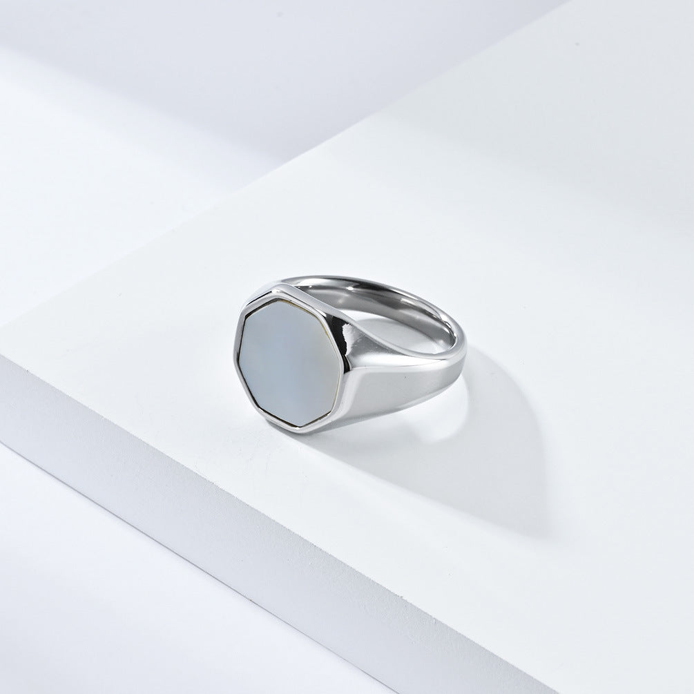 Planderful Unisex Titanium Steel Inlaid Shell Ring Geometric Design For Men And Women