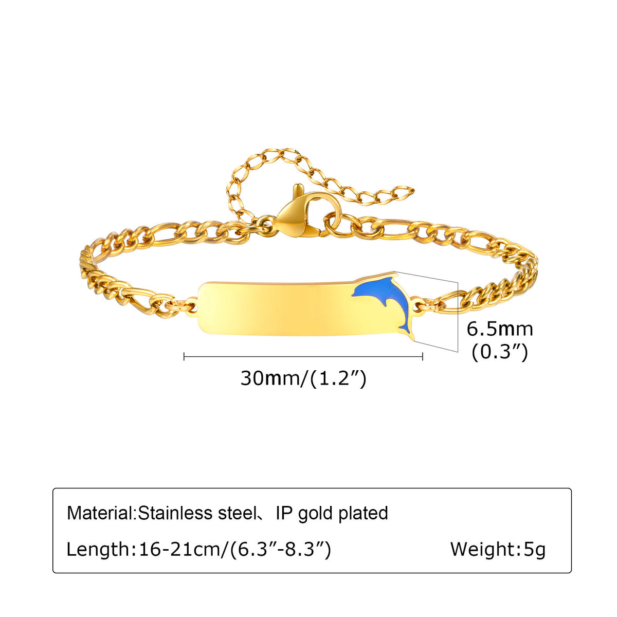 : Stainless Steel 3:1 Nk Chain Drop Blue Rubber Dolphin Curved Badge Bracelet For Gold