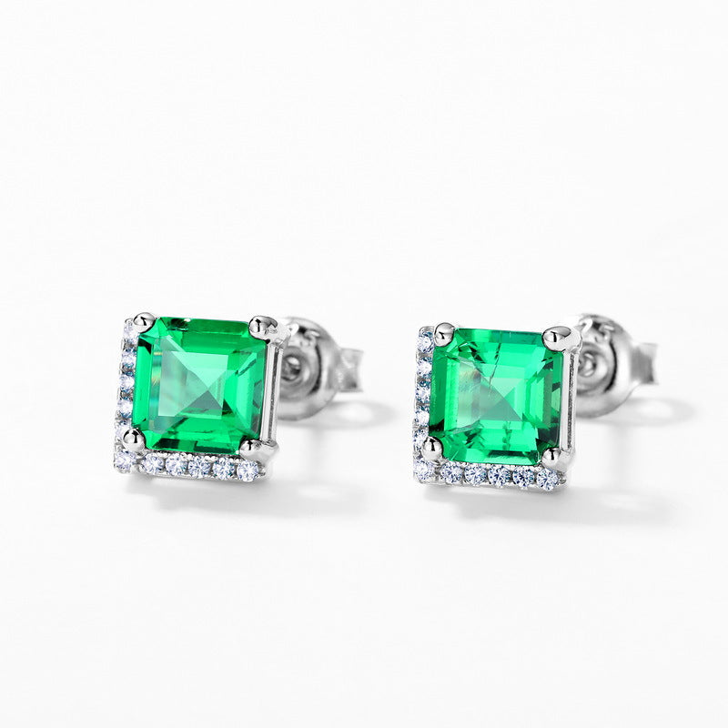 S925 Sterling Silver Lab-Grown Emerald Vintage-Inspired Stud Earrings