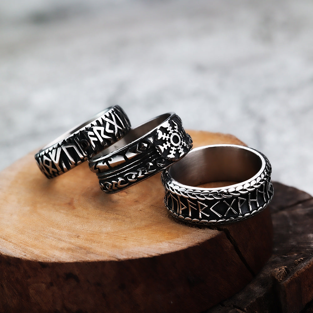 European And American Jewelry Wholesale Men's Titanium Steel Ring Retro Viking Rune Ethnic Style
