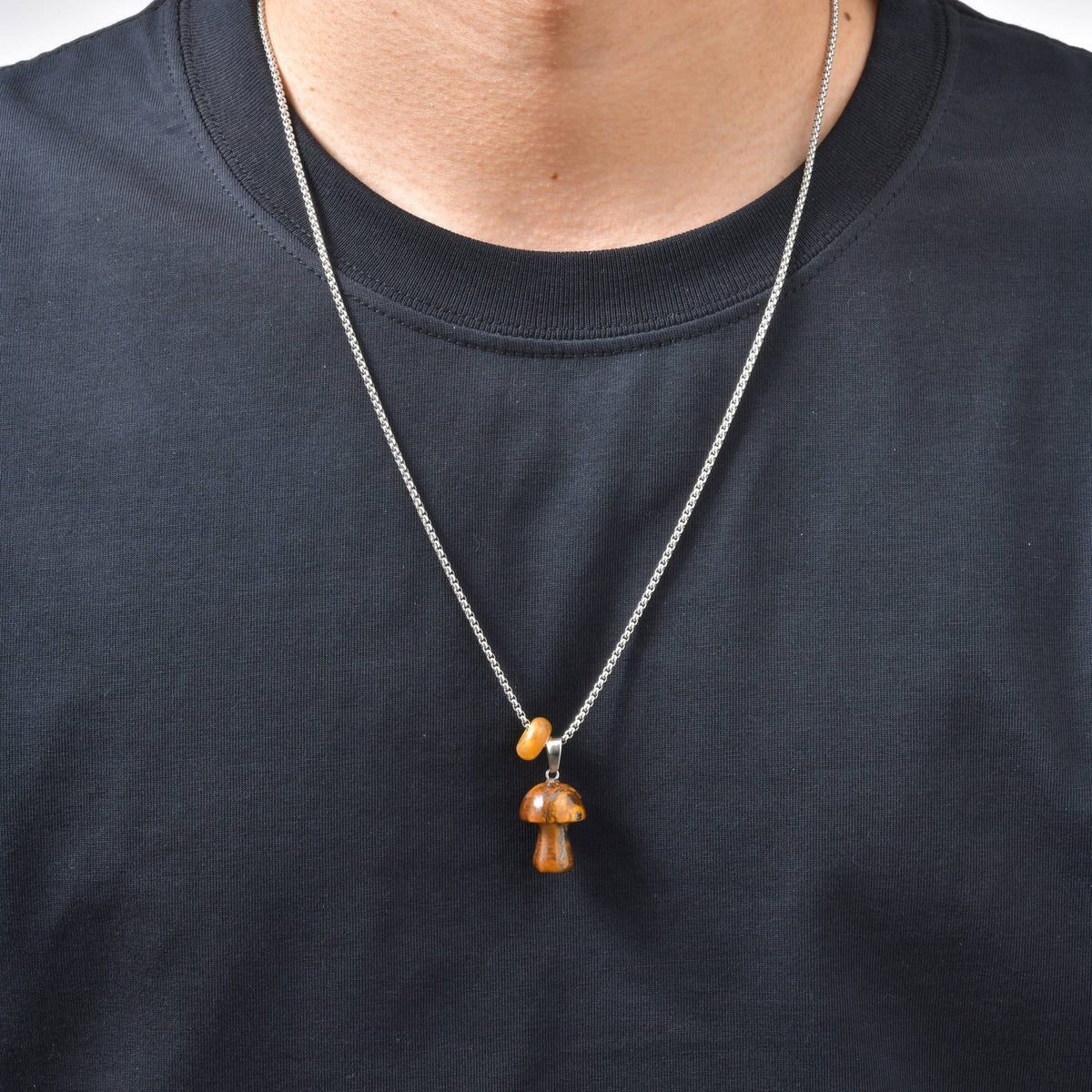 Stainless Steel Natural Tiger's Eye Stone Obsidian Mushroom Necklace Daily
