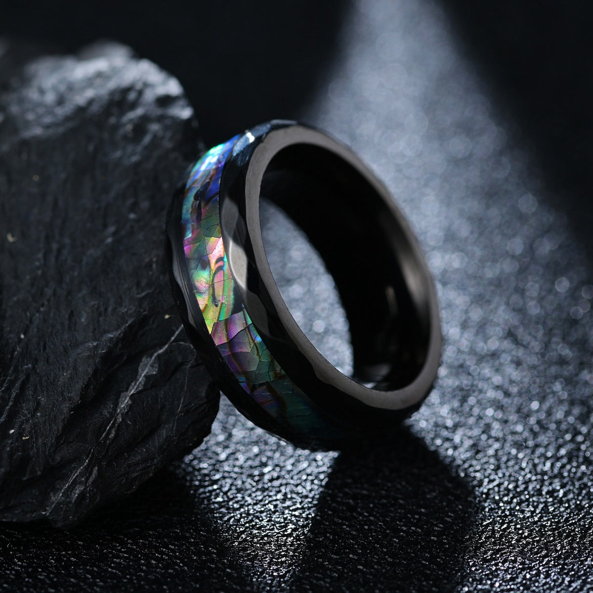 Black Rose Gold Tungsten Steel Men's Ring with Abalone Shell - Wholesale Jewelry for Men
