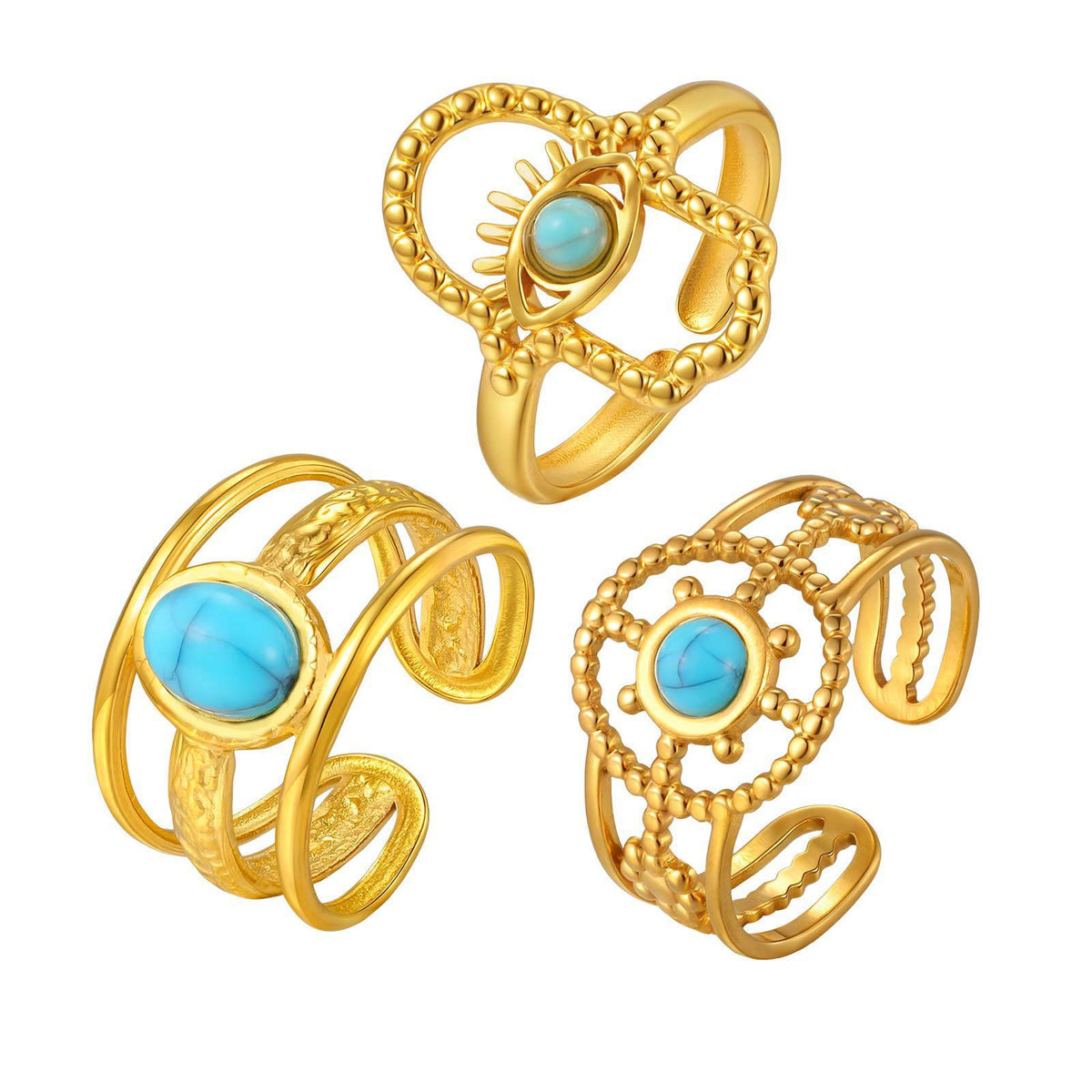Stainless Steel Casual Gentle Cure Turquoise Triple Open Ring