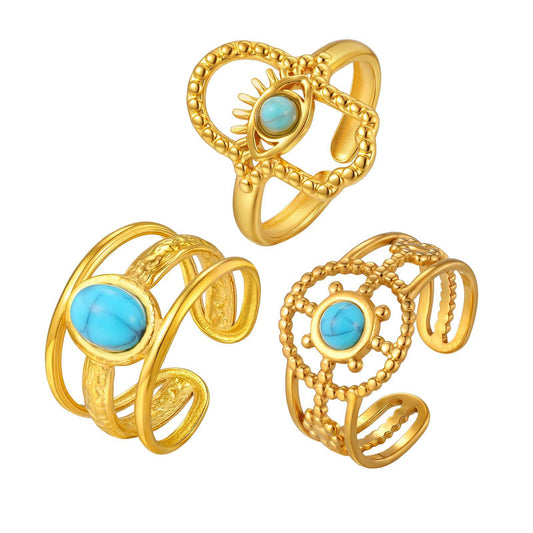 Stainless Steel Casual Gentle Cure Turquoise Triple Open Ring
